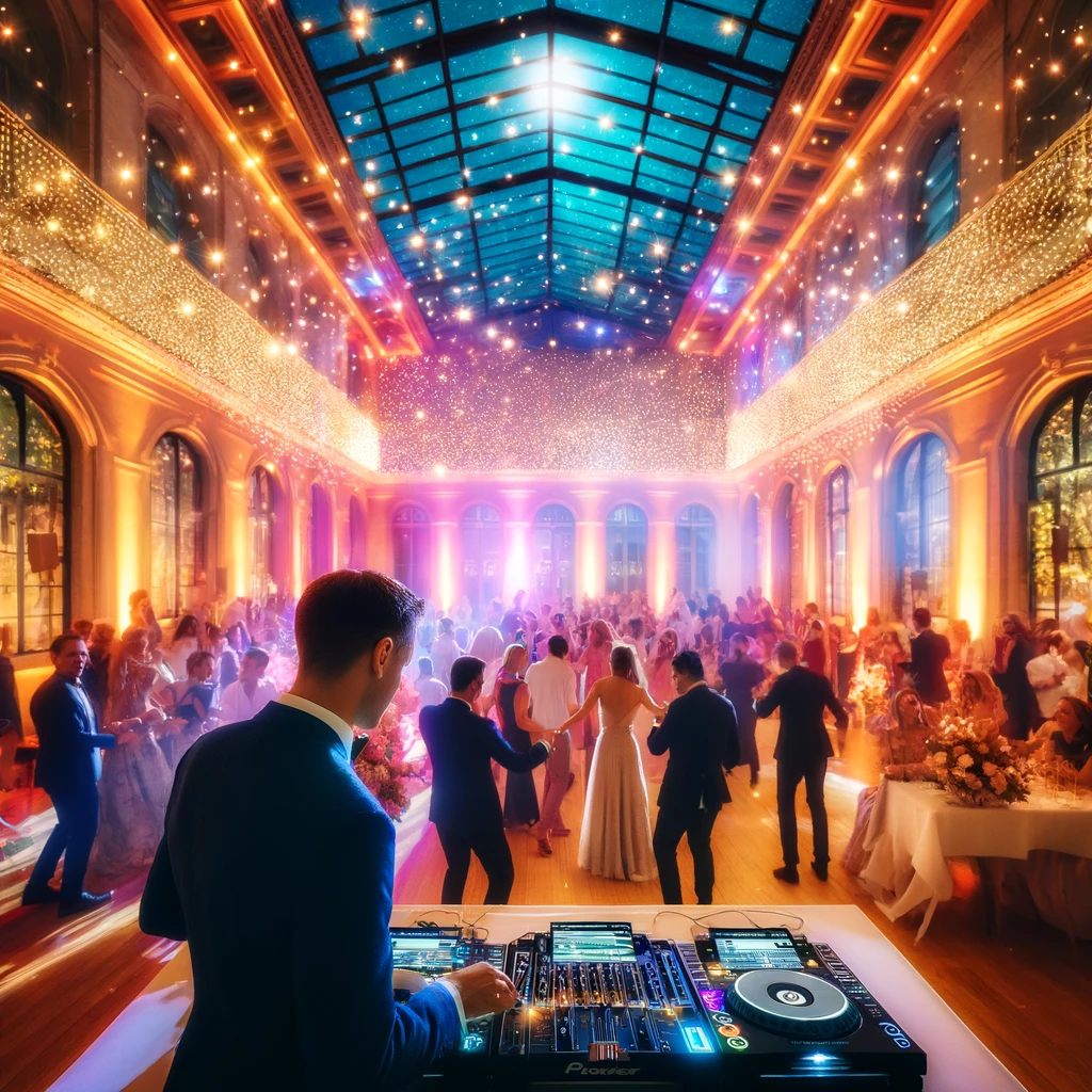 Un DJ de mariage captivant l'audience avec une performance éblouissante sous les lumières scintillantes d'une salle de réception élégante à Grenoble.