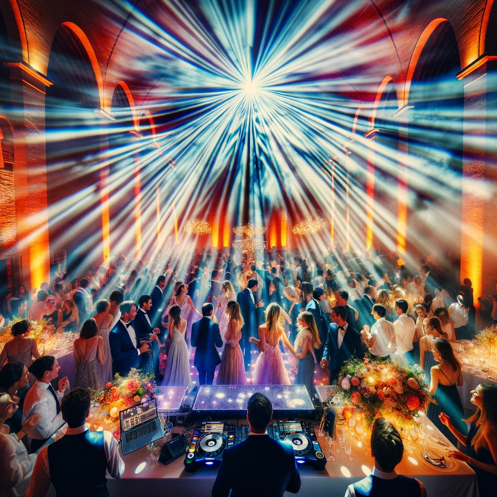 Le DJ illumine la soirée de mariage à Annecy avec un jeu de lumière féérique sur une piste de danse pleine d'énergie et de convivialité.